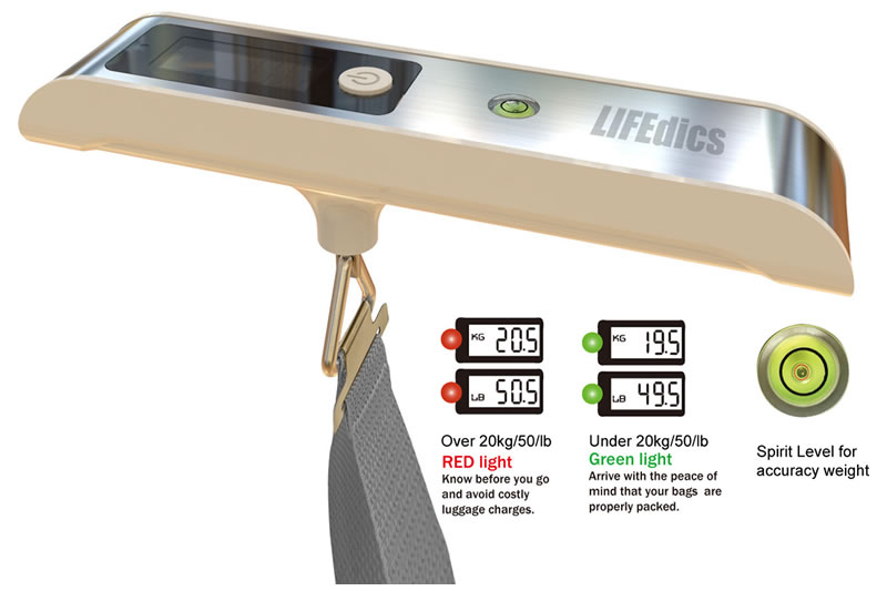 Portable luggage scale displaying kilogram and pound measurements