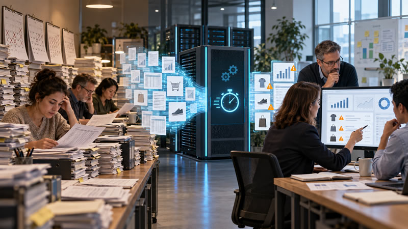 Large retail dataset progressing from days of manual review to seconds of AI-assisted processing, followed by human verification.