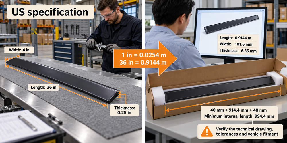 A 36-inch automotive component converted to 0.9144 metres for an international metric product listing