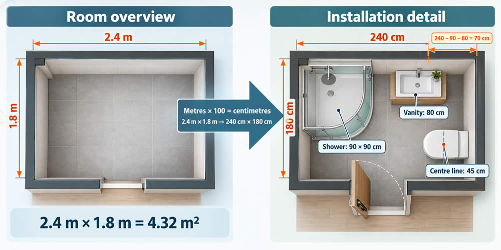 Bathroom floor plan converted from 2.4 by 1.8 metres to 240 by 180 centimetres for positioning the shower, vanity and toilet
