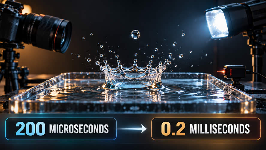 High-speed camera flash freezing a water-droplet splash while converting 200 microseconds to 0.2 milliseconds