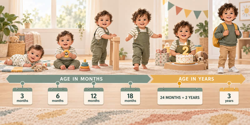 Child growth timeline showing ages of 3, 6, 12 and 18 months before changing to two and three years.