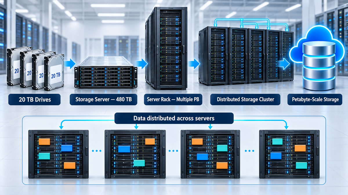 Diagram showing 20 TB drives grouped into storage servers, racks and a distributed petabyte-scale storage system