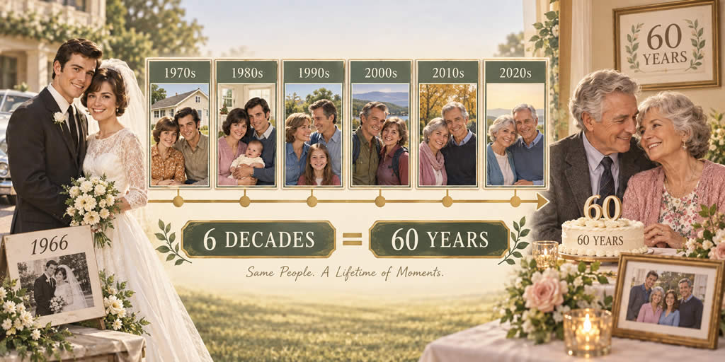 Timeline showing a couple from their 1966 wedding through six decades to their 60-year anniversary