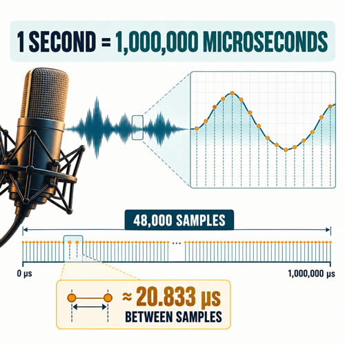 Digital audio waveform showing that one second equals one million microseconds and contains 48,000 samples at 48 kHz