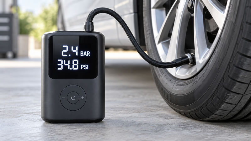 Illustration of a digital tyre inflator comparing a setting of 2.4 bar with approximately 34.8 psi