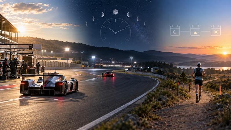 Endurance racing scene progressing from daylight through night and into another day