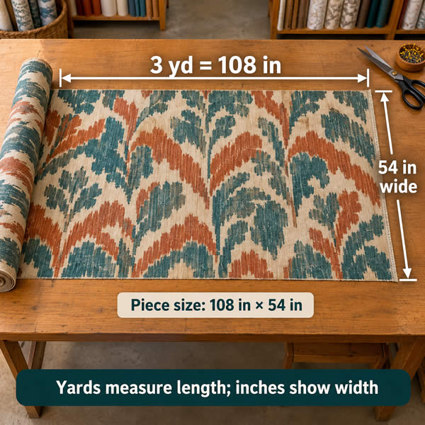 Three yards of fabric converted to 108 inches, with the fabric width shown as 54 inches