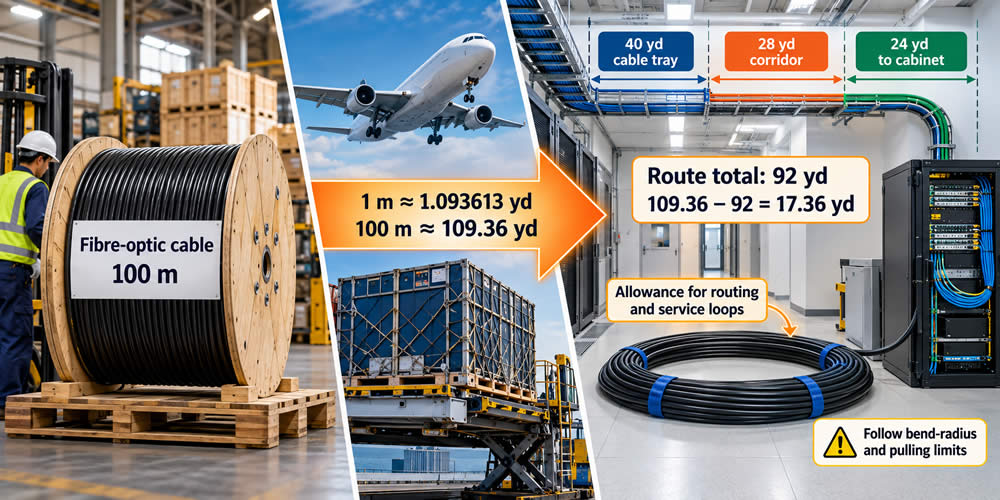A 100-metre imported fibre-optic cable converted to 109.36 yards and compared with a 92-yard telecom route