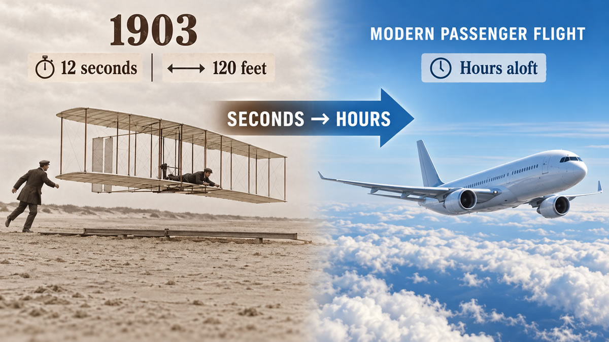 The Wright Flyer completing its 12-second, 120-foot flight in 1903 beside a modern passenger aircraft that can remain aloft for hours.