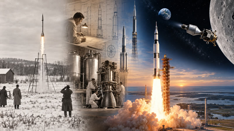 Progression from an early liquid-fuel rocket experiment lasting seconds to the Saturn-era launch and multi-day Apollo journey to the Moon.