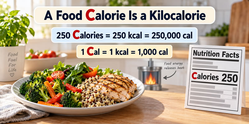 Meal and nutrition label showing that 250 food Calories equal 250 kilocalories or 250,000 small calories