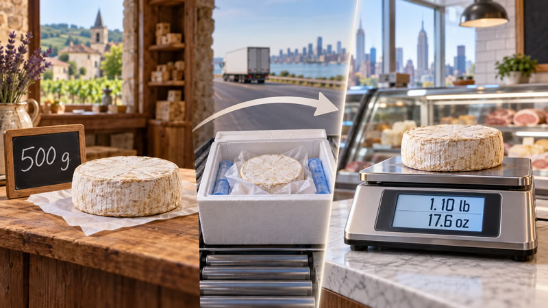 A 500-gram French cheese transported to an American deli and weighed as 1.10 pounds or 17.6 ounces.