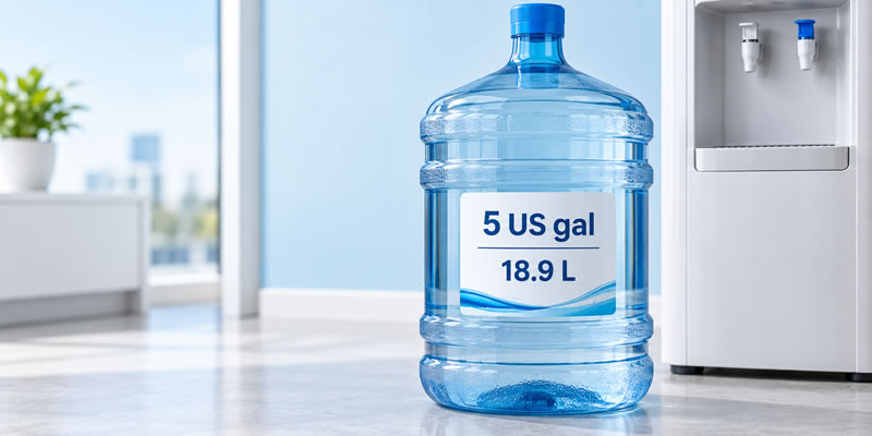 Water-cooler bottle labelled with capacities of 5 US gallons and 18.9 litres