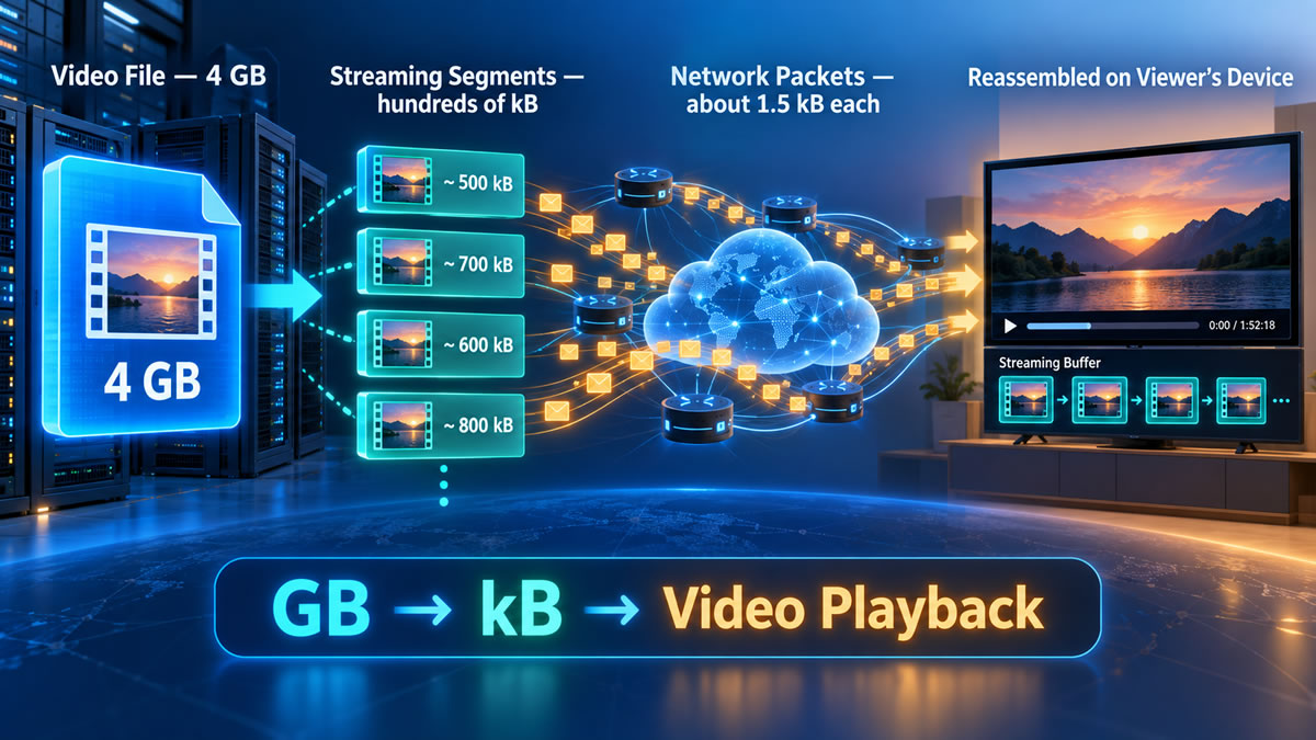 Diagram showing a gigabyte-sized video divided into smaller media segments and network packets before reaching a viewer's device