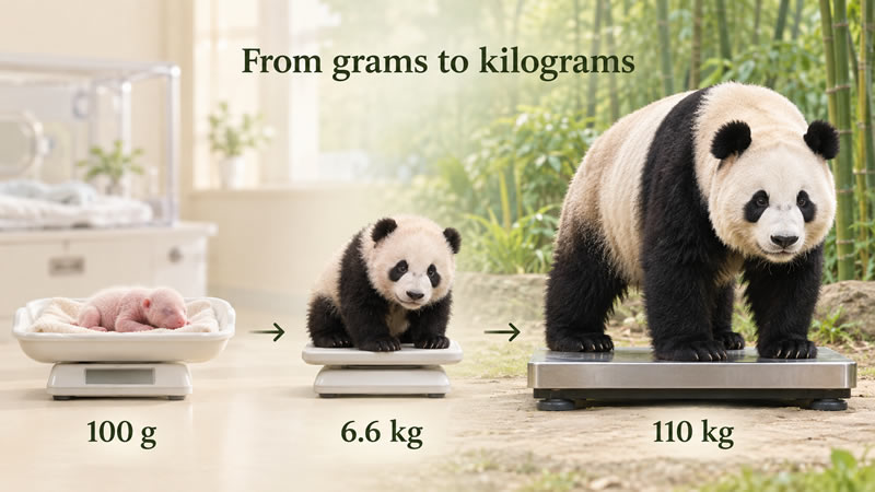 Giant panda growth from a 100-gram newborn to a 6.6-kilogram cub and a 110-kilogram adult.