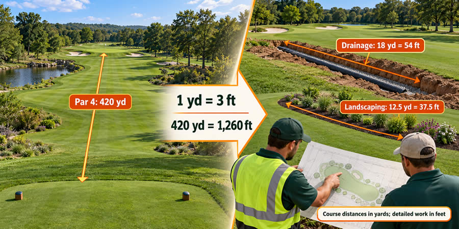 Golf course showing a 420-yard hole converted to 1,260 feet, with drainage and landscaping dimensions measured in feet