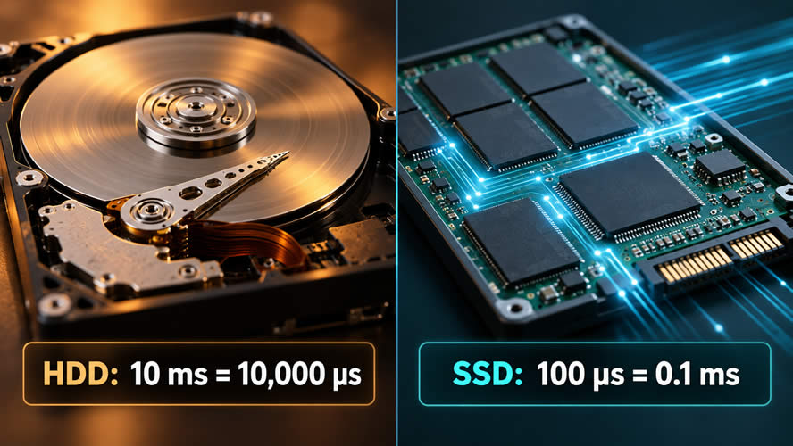 Mechanical hard drive with 10-millisecond latency compared with a solid-state drive responding in 100 microseconds