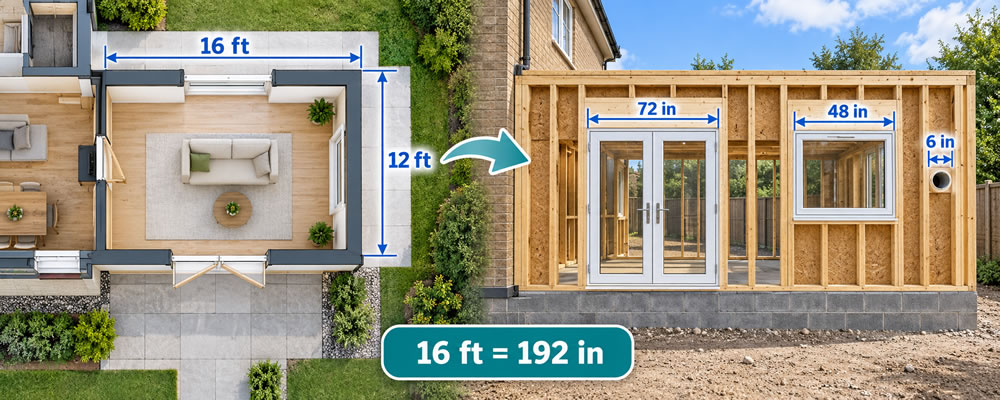 House-extension plan measuring 16 feet by 12 feet beside a framed wall with door, window and service openings labelled in inches
