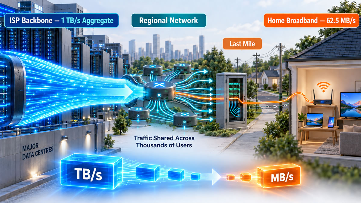 Diagram showing a high-capacity ISP backbone distributing data through regional networks to a home receiving a download in megabytes per second