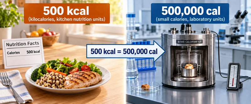 Diagram showing a 500-kilocalorie meal in a kitchen converted into 500,000 small calories for a scientific comparison