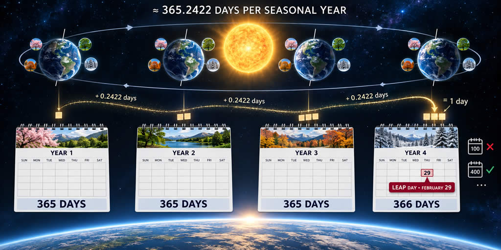 Diagram showing fractional seasonal days accumulating across three 365-day years before a leap day is added to a 366-day year