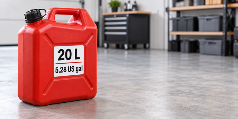 Portable fuel can labelled with capacities of 20 litres and 5.28 US gallons