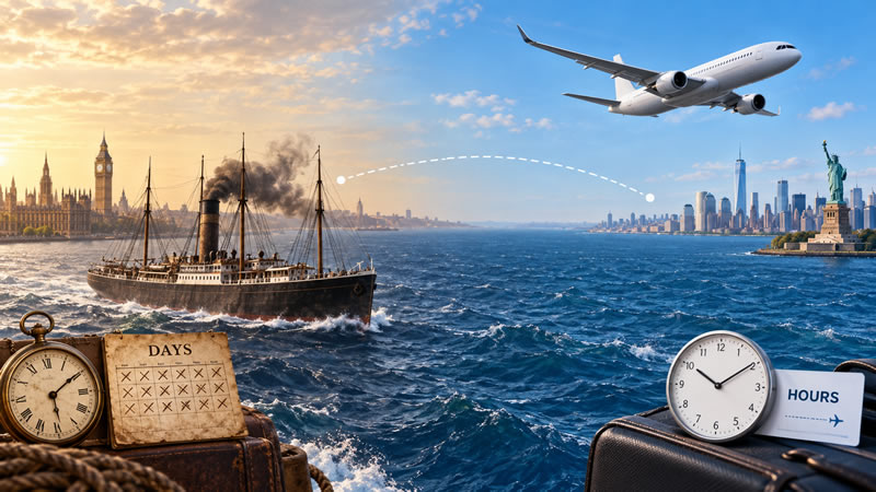 Historical ocean liner and modern aircraft illustrating London to New York travel in days and hours