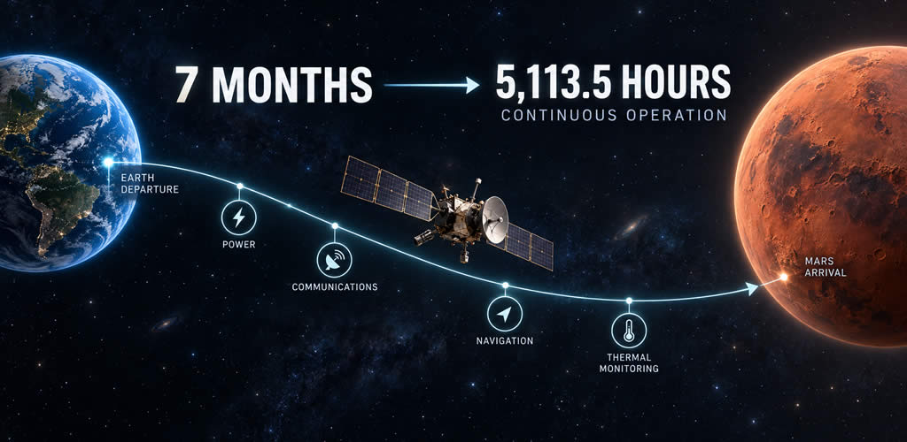 Mars spacecraft travelling from Earth to Mars during a seven-month journey representing approximately 5,113.5 hours of continuous operation.