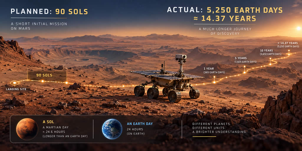 Mars rover timeline comparing a planned 90-sol mission with 5,250 Earth days, or approximately 14.37 years, of exploration