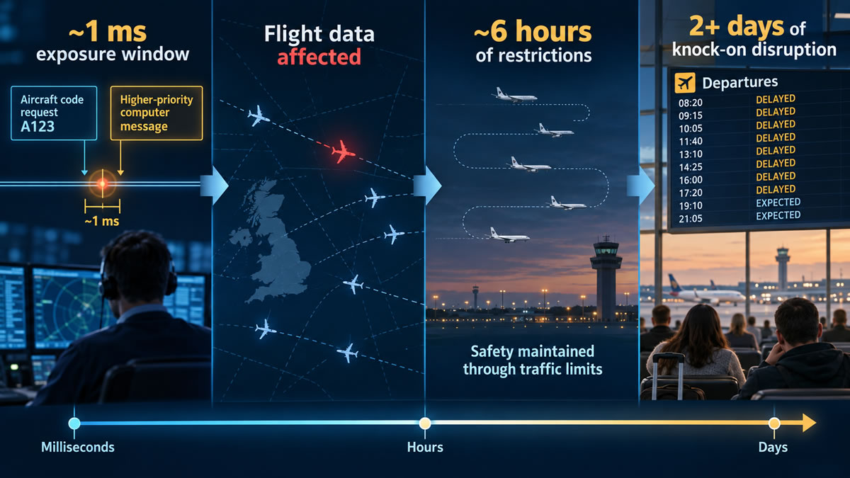Timeline showing how a one-millisecond software exposure window affected flight data, led to six hours of UK air-traffic restrictions and caused more than two days of disruption.