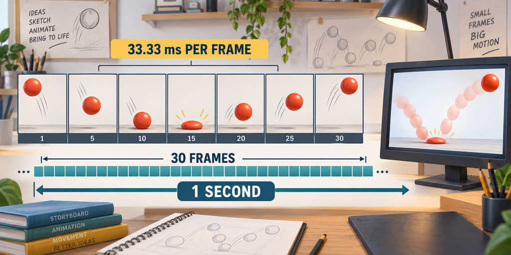 Bouncing-ball animation frames showing how 30 frames lasting approximately 33.33 milliseconds each form one second of animation