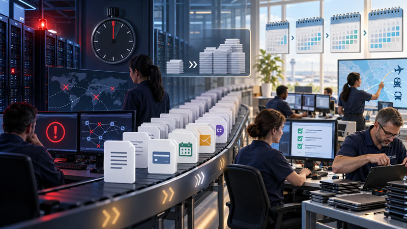 A brief data-centre outage creating a queue of delayed digital requests that operations teams continue resolving over several days.