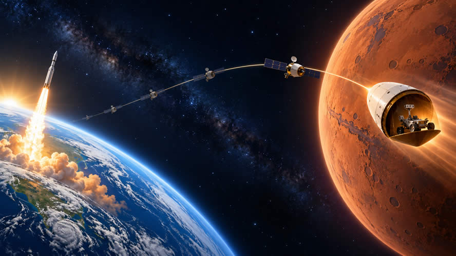 Rocket launching from Earth before a spacecraft follows a months-long flight path towards Mars