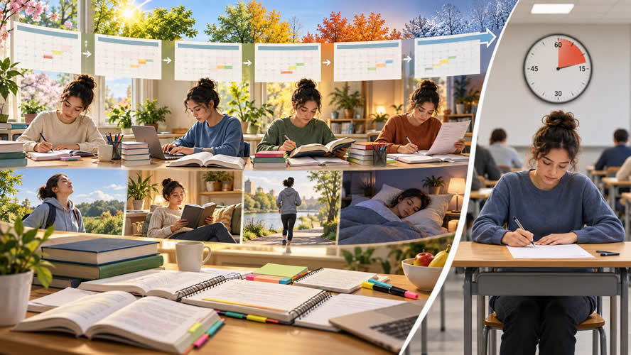 Student progressing through months of study, revision and rest before completing an examination timed in minutes
