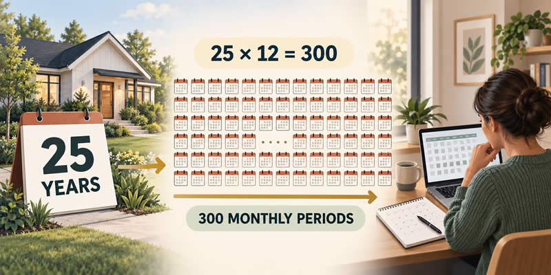 Illustration converting a 25-year mortgage term into 300 monthly payment periods