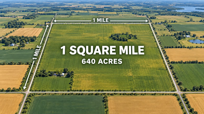 Diagram dividing a one-mile-square survey section containing 640 acres into smaller land parcels