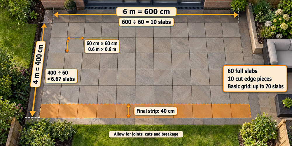 Six-by-four-metre patio planned with 60-centimetre square slabs and a final 40-centimetre cut strip