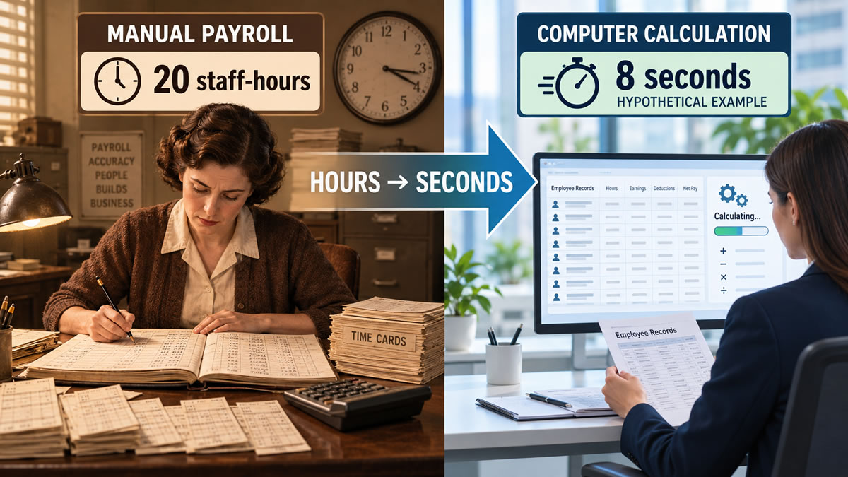Manual payroll clerk completing paper calculations over 20 staff-hours compared with a hypothetical computer calculation taking eight seconds.