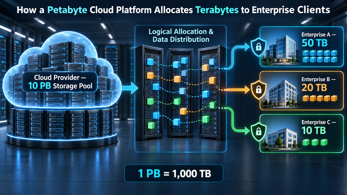 Diagram showing a shared petabyte-scale cloud platform supporting logically separated business workloads measured in terabytes