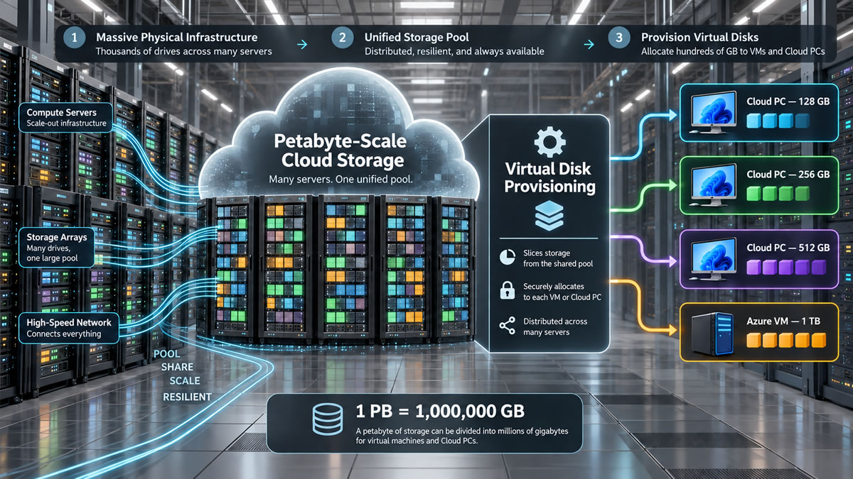 Diagram showing petabyte-scale cloud capacity divided among thousands of virtual PC disks measured in gigabytes