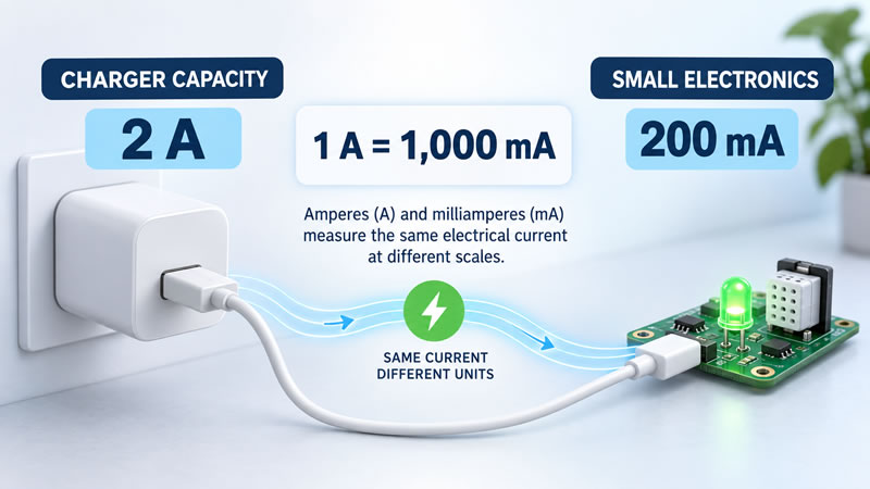 Comparison between a phone charger rated at 2 amperes and a small electronic circuit operating at 200 milliamperes