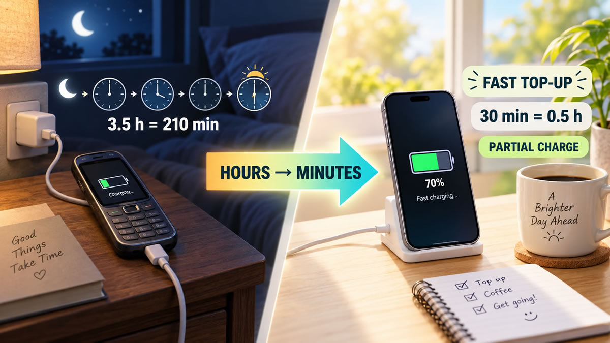 Illustrative comparison between a 3.5-hour phone charge and a 30-minute fast-charge top-up