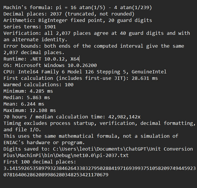 C# benchmark results comparing execution times for calculating 2,037 decimal places of pi, with a median time of about 5.9 milliseconds.