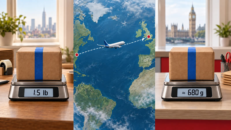 A small parcel travelling from the US to the UK, with its weight converted from 1.5 pounds to approximately 680 grams.