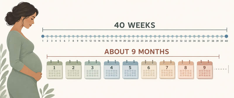 Illustration comparing a 40-week pregnancy timeline with approximately nine calendar months.