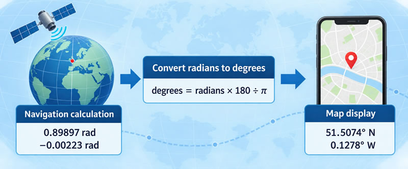Diagram showing geographic coordinates displayed in degrees and processed as radians during a navigation calculation