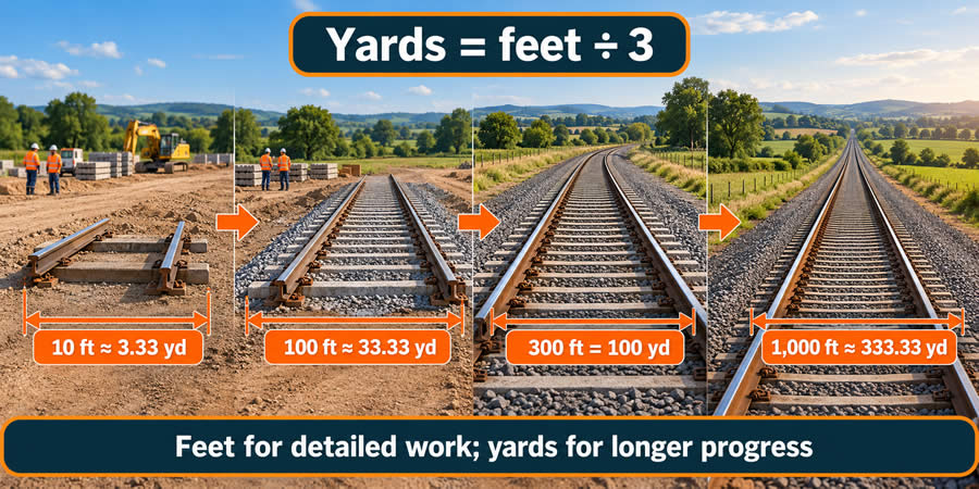 Railway construction progressing from 10 feet to 1,000 feet with each completed track length converted into yards