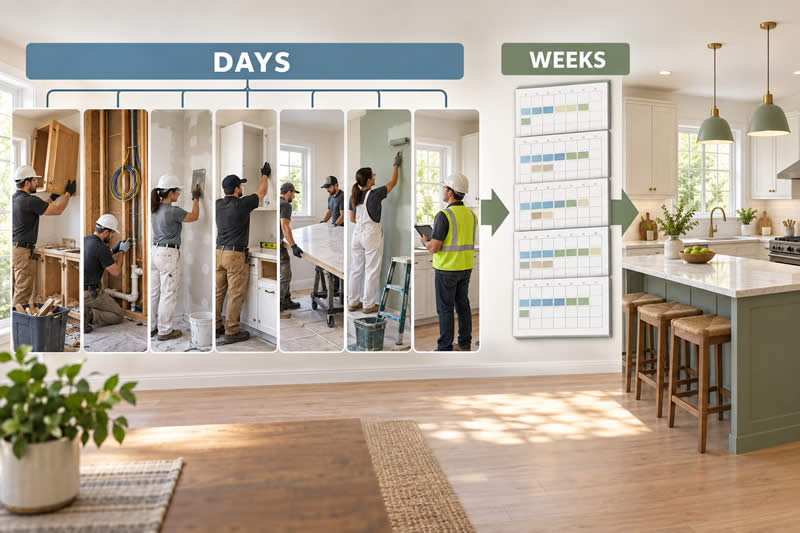 Daily kitchen renovation tasks combining into a home improvement project lasting several weeks