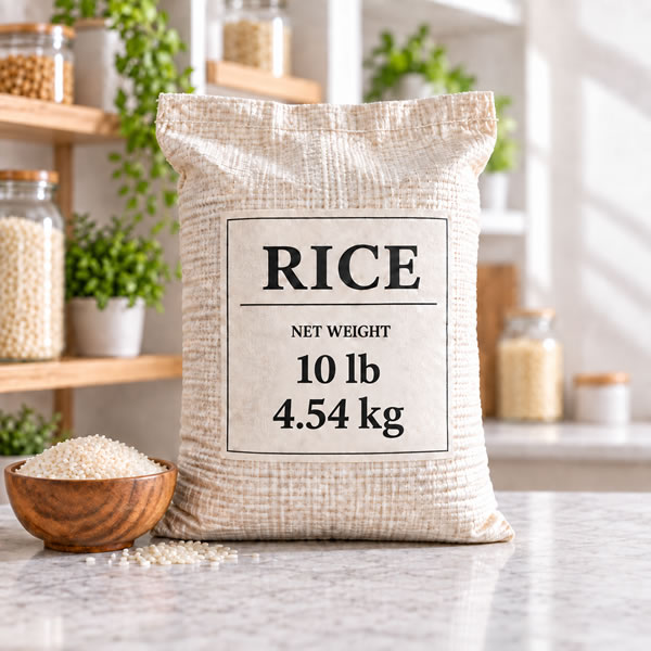 Illustration of a rice bag with a net weight of 10 pounds and its kilogram equivalent